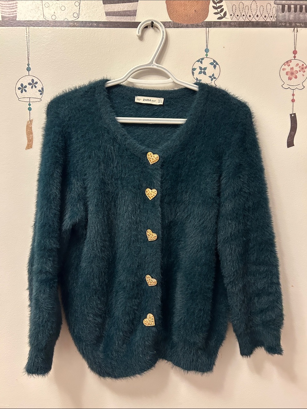 Zara Teal Fuzzy Cardigan with Gold Heart Buttons